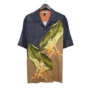 Tommy Bahama Relax Men's Size Large AOP Hula Girls Palm Tree Hawaiian Silk Shirt